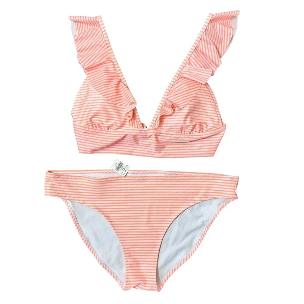Aerie Orange Stripe MED Ruffle Bikini Top LARGE Bottom Two Piece Swimsuit READ - Picture 1 of 13